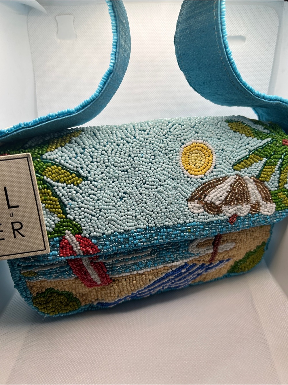 NWT SOL and MER Beaded Beach Scene Shoulder Bag Blue Coastal Vacation Purse